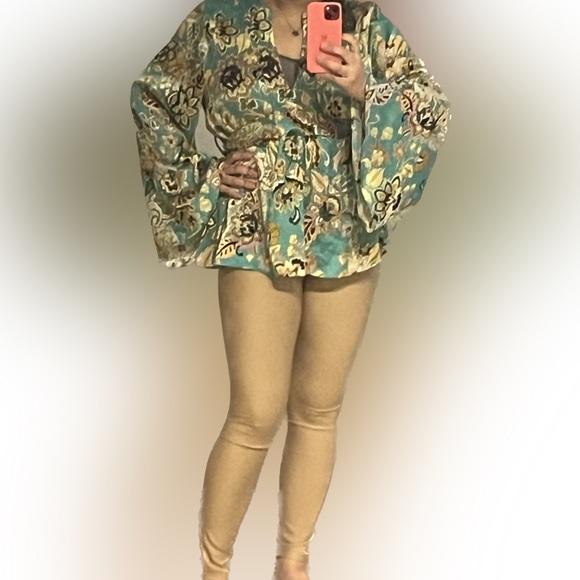 ZARA Boho Floral Kimono Oversized Blouse Top Robe Shirt Turquoise Tie Up Bow XL - Picture 7 of 16